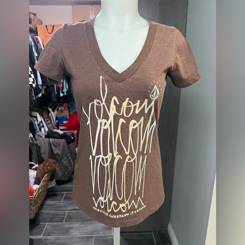 Volcom Brown V-Neck Logo Short Sleeve Top